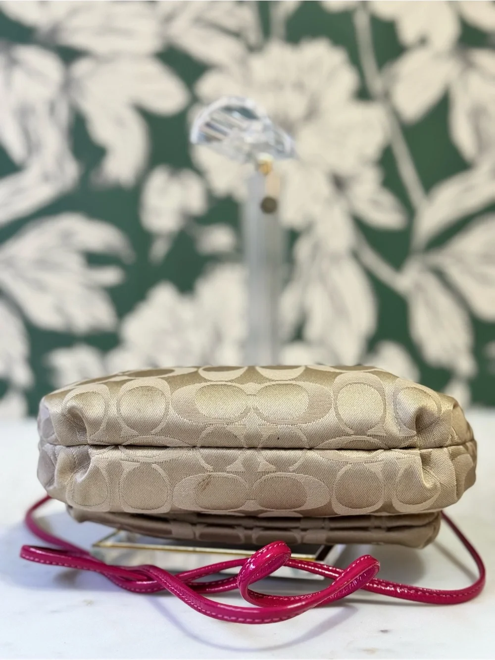 Coach Rare Poppy Tan Signature Canvas Crossbody with Pink Trim EUC